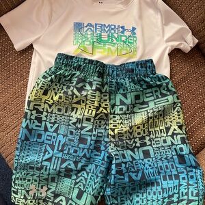 Under Armour Blue and Green Swim Shirt and Shorts